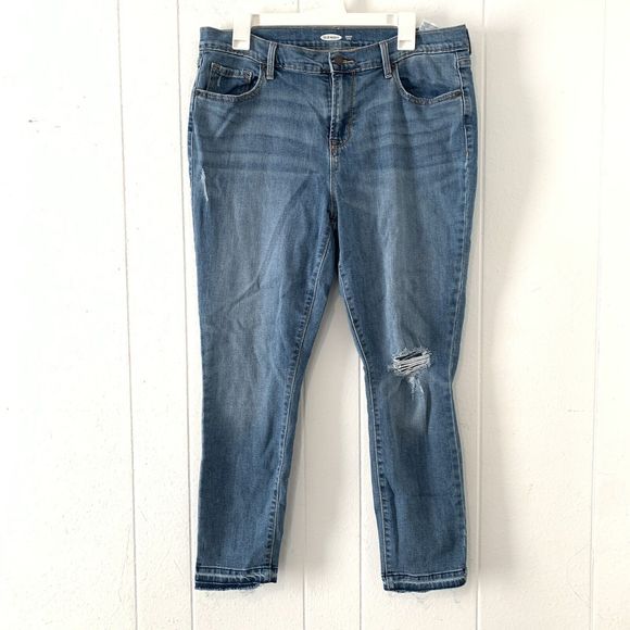 Old Navy Womens 14 Jeans Blue Denim Curvey Skinny Distressed Raw Hem - Picture 1 of 6